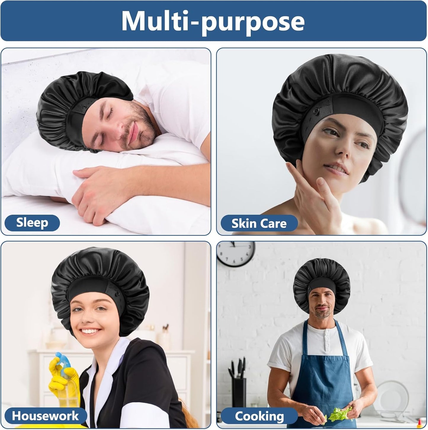 Satin Bonnets for Men Women, Adjustable & Soft Elastic Band Hair Bonnet Large Silk Bonnet for Sleeping Curly Hair Braids