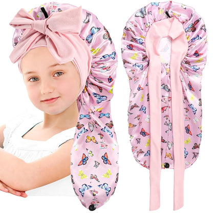 Kids Long Hair Bonnet for Sleeping,Silk Bonnet for Kids with Tie Band,Kids Satin Bonnet for Braid Curly Hair,For Aged 3-12 Kids(Pink-Butterfly)