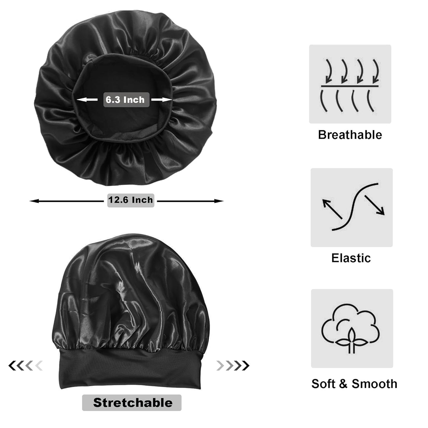 12 Pieces Silk Bonnet for Women Curly Hair Satin Bonnet Hair Wrap for Sleeping Cap with Tie Band (Black)