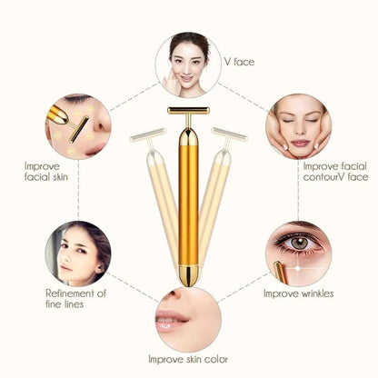 24K Gold Face Lift Bar Roller Vibration Slimming Massager Facial Stick Facial Beauty Skin Care T Shaped Vibrating Tool with Bag