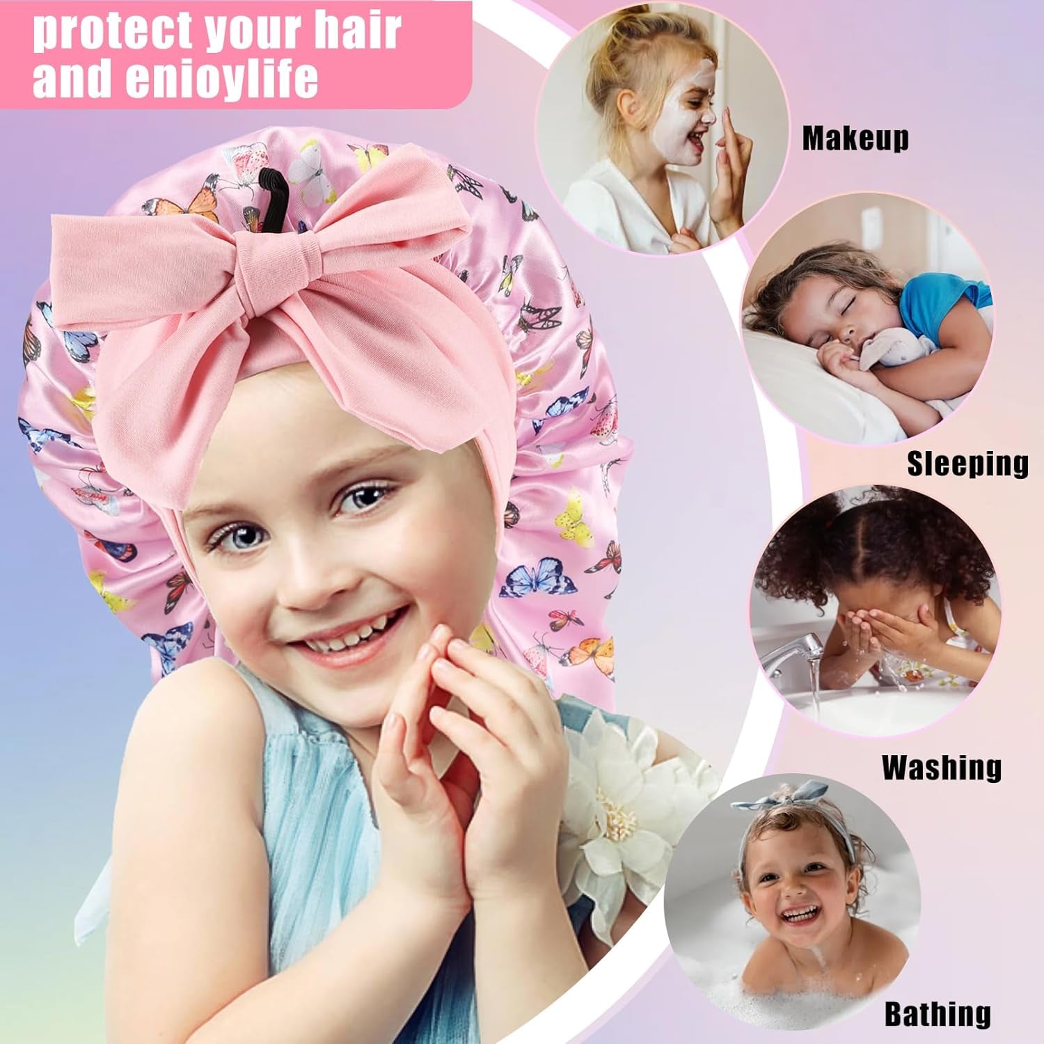 Kids Long Hair Bonnet for Sleeping,Silk Bonnet for Kids with Tie Band,Kids Satin Bonnet for Braid Curly Hair,For Aged 3-12 Kids(Pink-Butterfly)