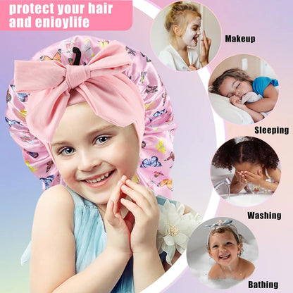 Kids Long Hair Bonnet for Sleeping,Silk Bonnet for Kids with Tie Band,Kids Satin Bonnet for Braid Curly Hair,For Aged 3-12 Kids(Pink-Butterfly)