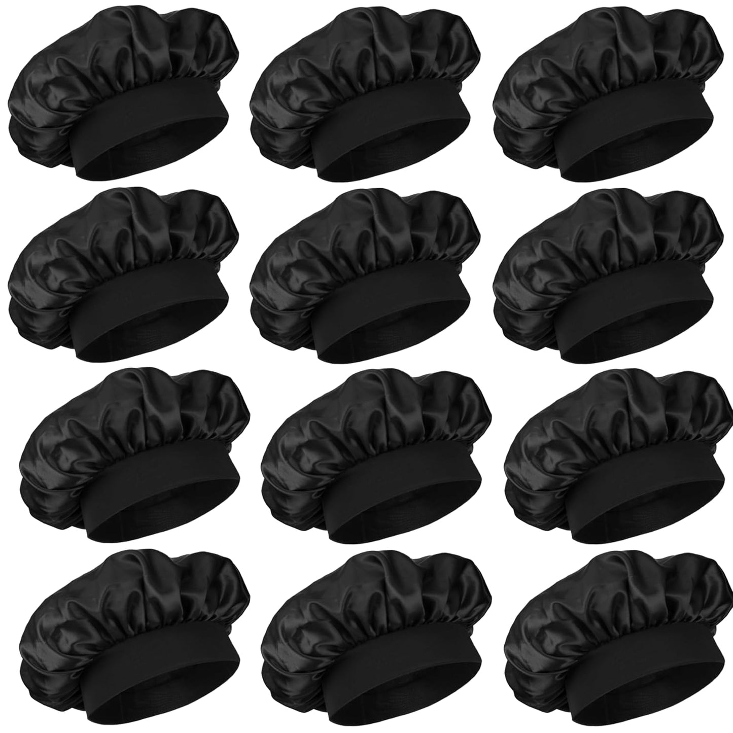 12 Pieces Silk Bonnet for Women Curly Hair Satin Bonnet Hair Wrap for Sleeping Cap with Tie Band (Black)