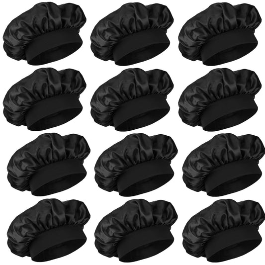 12 Pieces Silk Bonnet for Women Curly Hair Satin Bonnet Hair Wrap for Sleeping Cap with Tie Band (Black)
