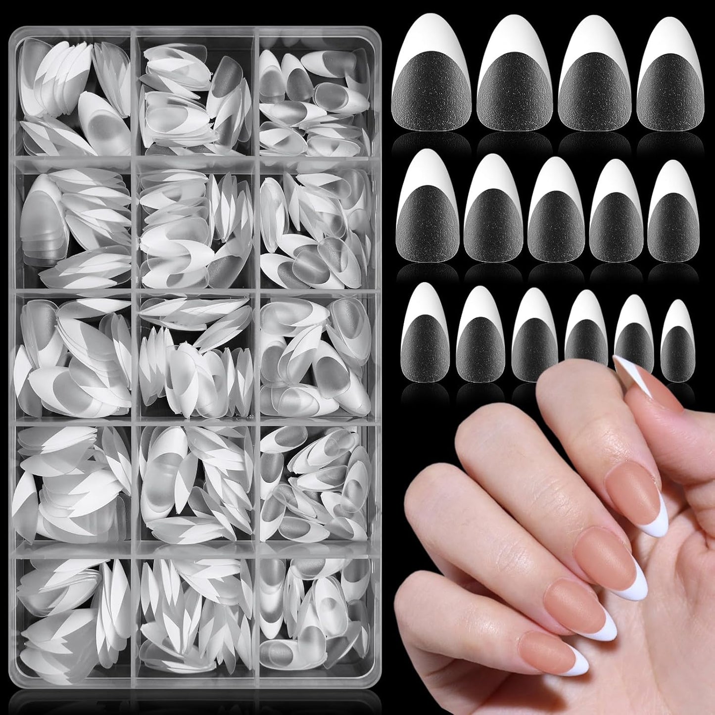 300Pc Short Almond Nail Tips Fake Nails French Tip Press on Nails Short Acrylic Nails Clear Nail Tips Full Cover False Nail Artificial Fingernail, 15 Sizes Matte Soft Gel Nail Extentions