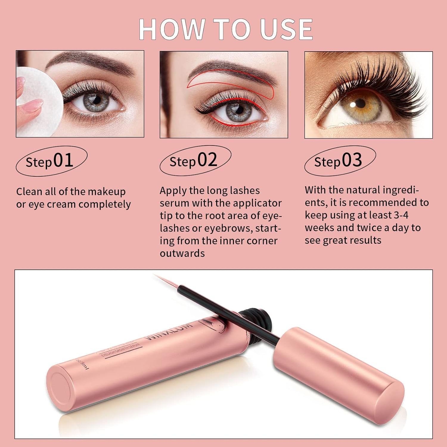 Premium Eyelash & Eyebrow Growth Serum, 5ML - Irritation-Free, Boosts Fuller, Longer, Thicker Lashes - Pink
