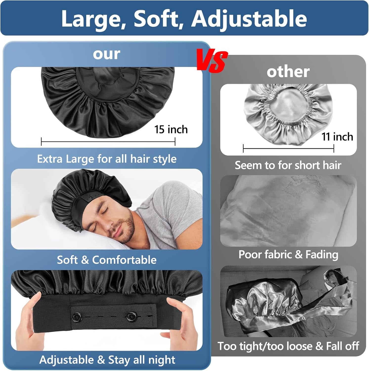 Satin Bonnets for Men Women, Adjustable & Soft Elastic Band Hair Bonnet Large Silk Bonnet for Sleeping Curly Hair Braids