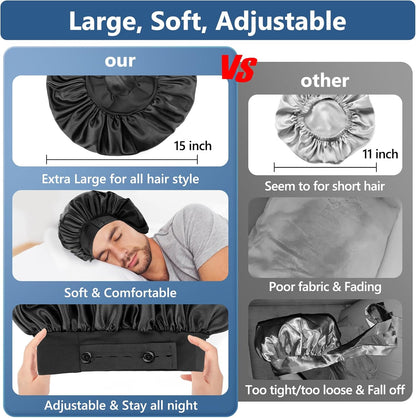 Satin Bonnets for Men Women, Adjustable & Soft Elastic Band Hair Bonnet Large Silk Bonnet for Sleeping Curly Hair Braids