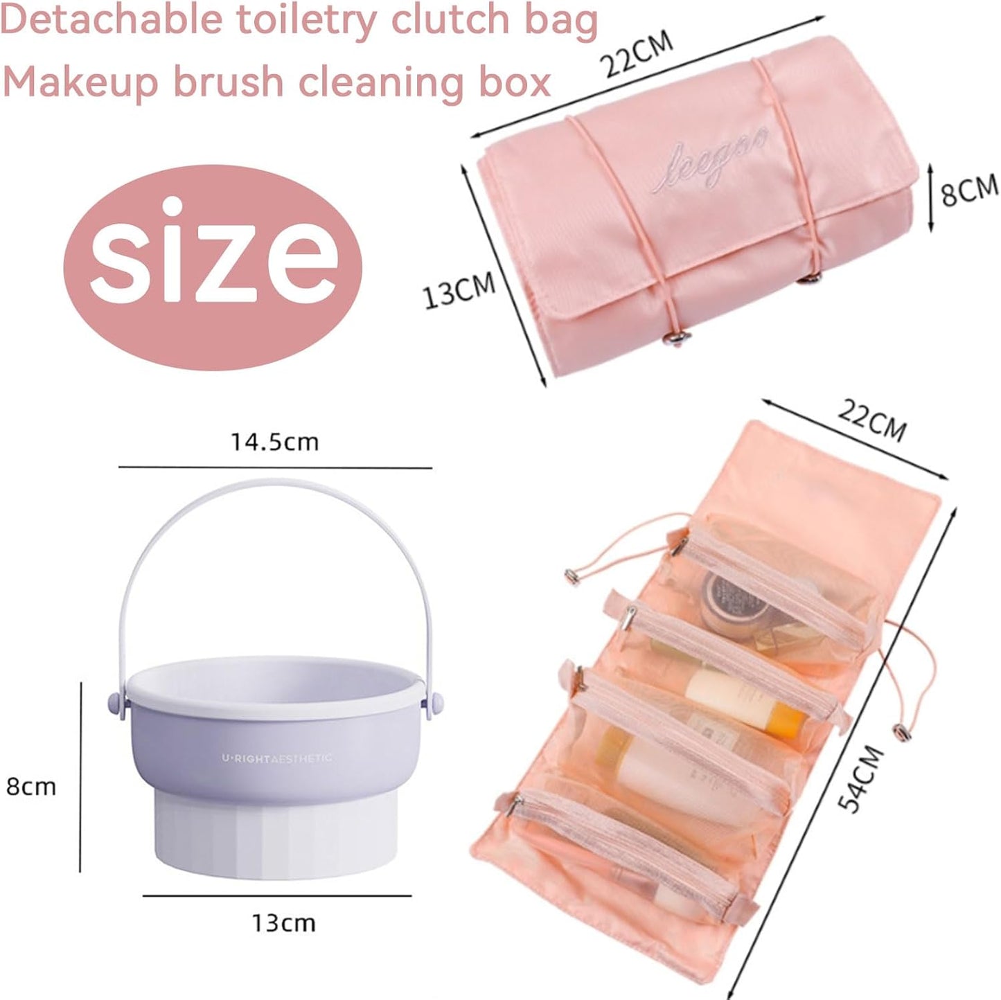 Large Capacity Detachable Multifunctional Makeup Bag for Travel Cosmetics Storage and Washing Bag+Makeup Brush Cleaning Bowl Powder Puff Makeup Egg Cleaning Air Drying Storage and Cleaning Tool