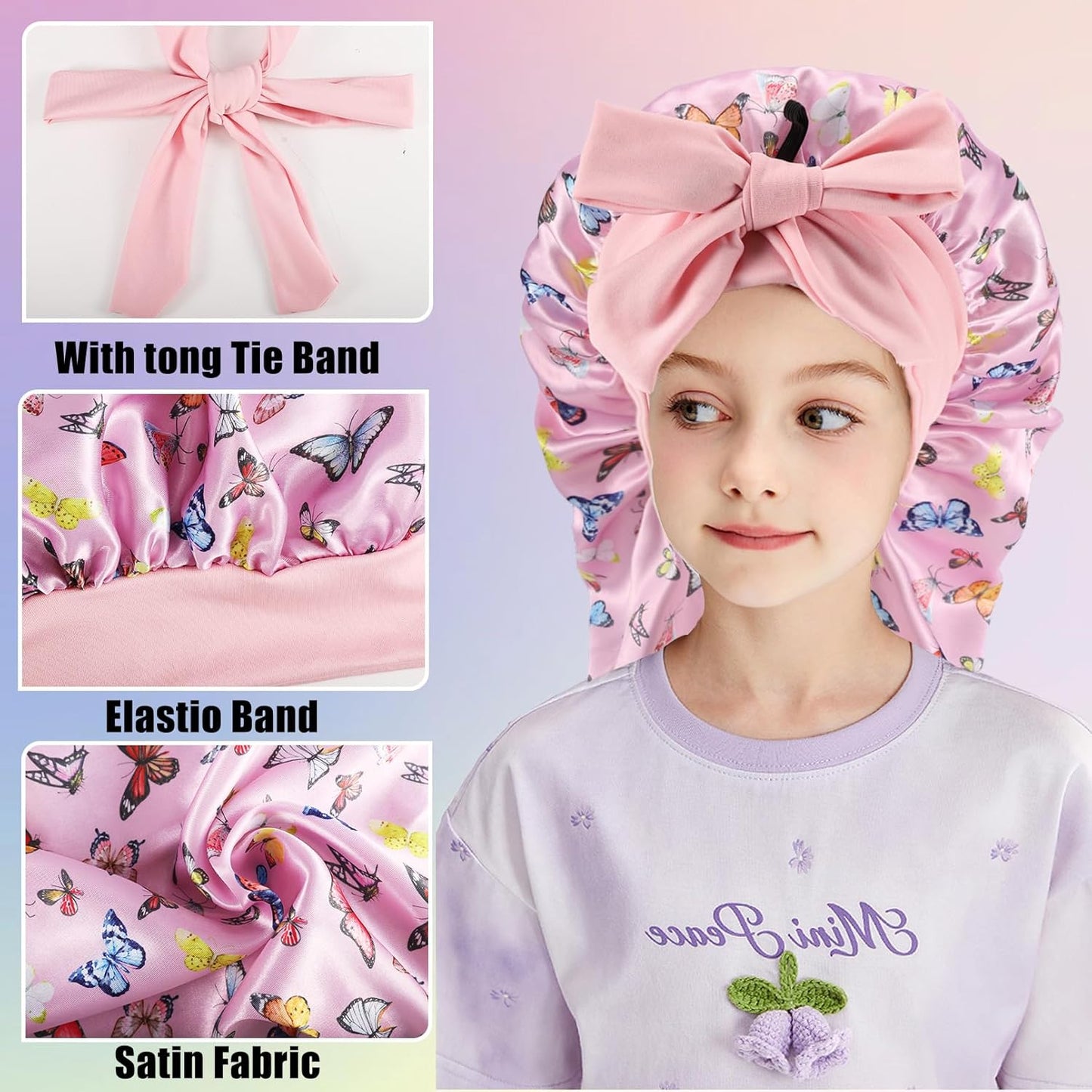 Kids Long Hair Bonnet for Sleeping,Silk Bonnet for Kids with Tie Band,Kids Satin Bonnet for Braid Curly Hair,For Aged 3-12 Kids(Pink-Butterfly)