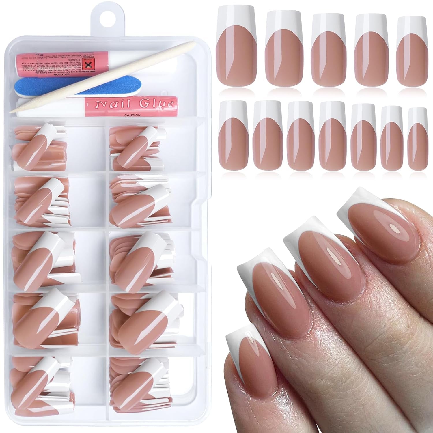 120Pcs French Tip Press on Nails Medium Square Fake Nails Nude, Glossy Square French False Nails Press on Full Cover Acrylic Press on French Nails for Women Girls Artificial Fingernails