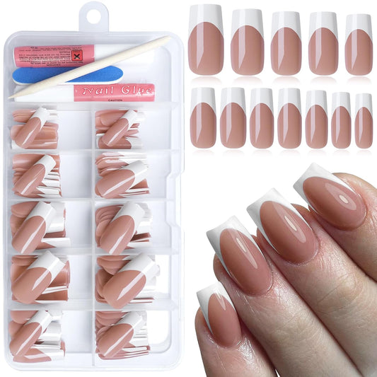120Pcs French Tip Press on Nails Medium Square Fake Nails Nude, Glossy Square French False Nails Press on Full Cover Acrylic Press on French Nails for Women Girls Artificial Fingernails