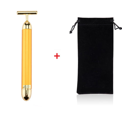 24K Gold Face Lift Bar Roller Vibration Slimming Massager Facial Stick Facial Beauty Skin Care T Shaped Vibrating Tool with Bag