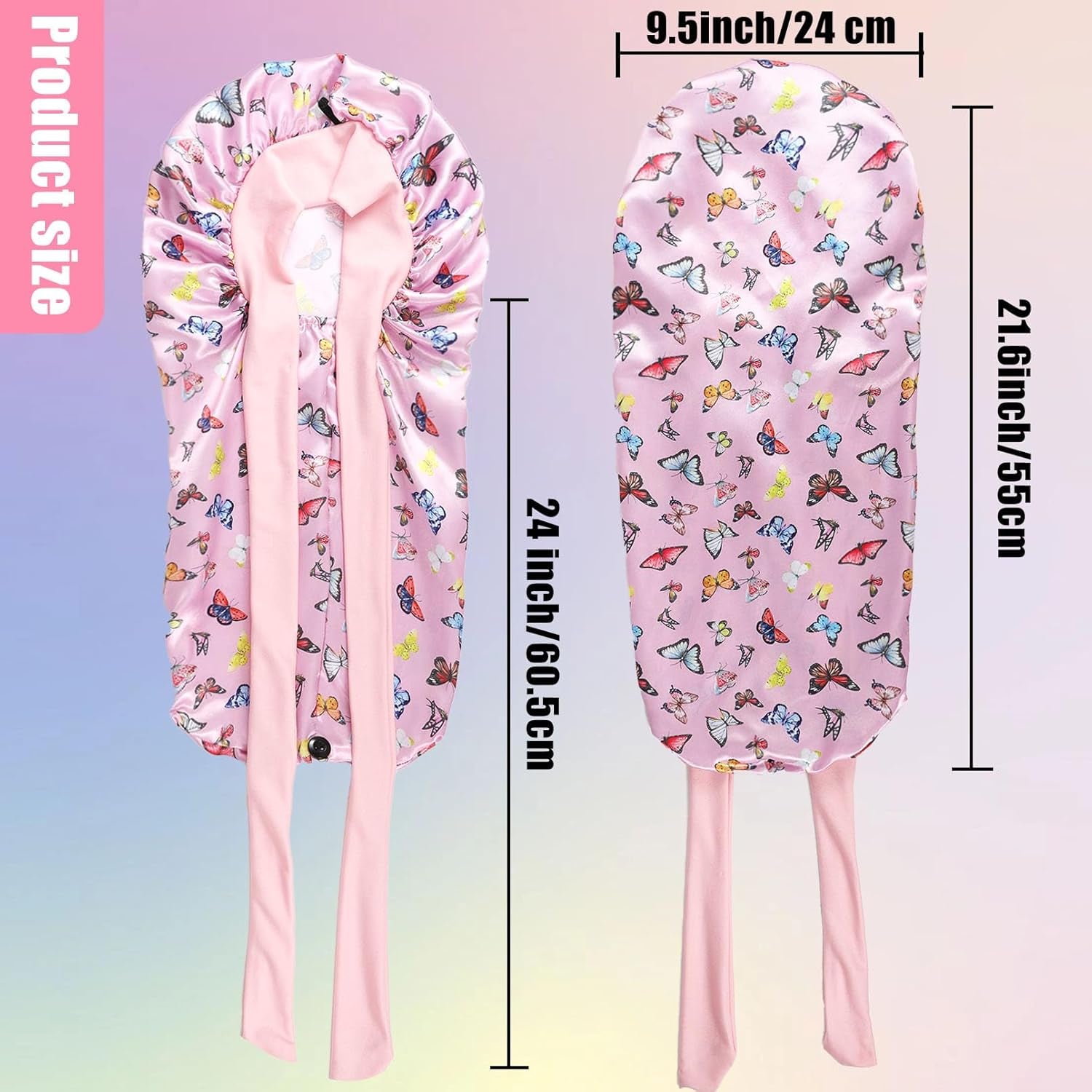 Kids Long Hair Bonnet for Sleeping,Silk Bonnet for Kids with Tie Band,Kids Satin Bonnet for Braid Curly Hair,For Aged 3-12 Kids(Pink-Butterfly)