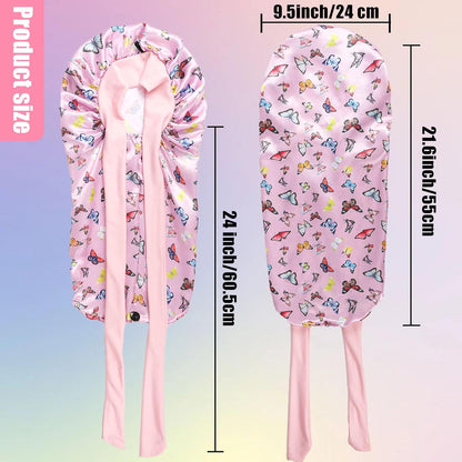 Kids Long Hair Bonnet for Sleeping,Silk Bonnet for Kids with Tie Band,Kids Satin Bonnet for Braid Curly Hair,For Aged 3-12 Kids(Pink-Butterfly)