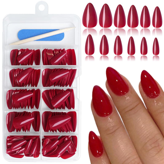 240Pcs Short Press on Nails Almond Red Fake Nails, Solid Color Acrylic Nails Press Ons Full Cover Artificial False Nail Tip with 5 Sheets Adhesive Tabs for Women Girls