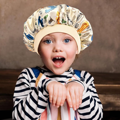 3 Pieces Kids Satin Bonnet Dinosaur Wide Elastic Band Sleeping Cap Soft Silk Double Layer Night Hair Hats for Teens Toddler Child Baby