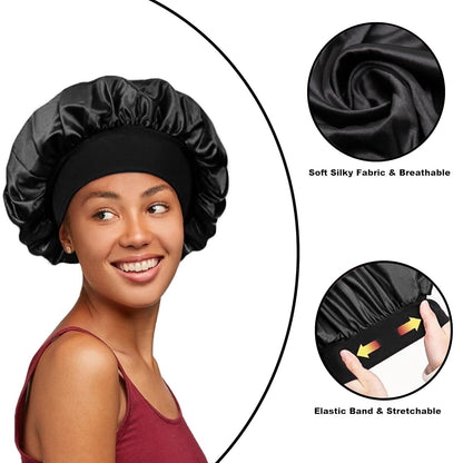 12 Pieces Silk Bonnet for Women Curly Hair Satin Bonnet Hair Wrap for Sleeping Cap with Tie Band (Black)