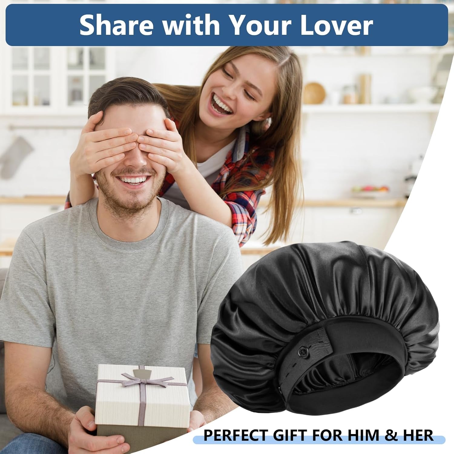 Satin Bonnets for Men Women, Adjustable & Soft Elastic Band Hair Bonnet Large Silk Bonnet for Sleeping Curly Hair Braids