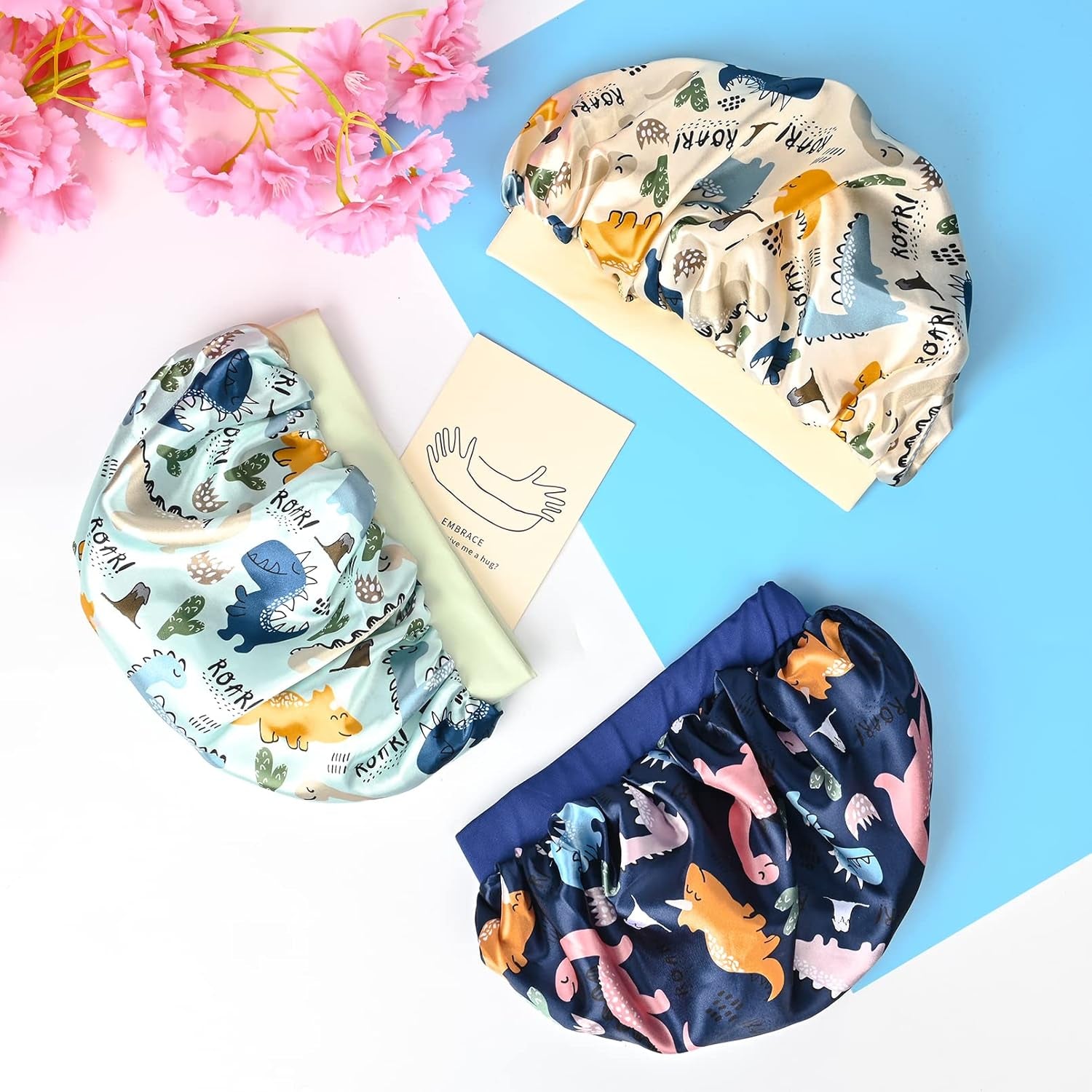 3 Pieces Kids Satin Bonnet Dinosaur Wide Elastic Band Sleeping Cap Soft Silk Double Layer Night Hair Hats for Teens Toddler Child Baby