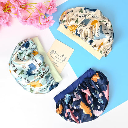 3 Pieces Kids Satin Bonnet Dinosaur Wide Elastic Band Sleeping Cap Soft Silk Double Layer Night Hair Hats for Teens Toddler Child Baby
