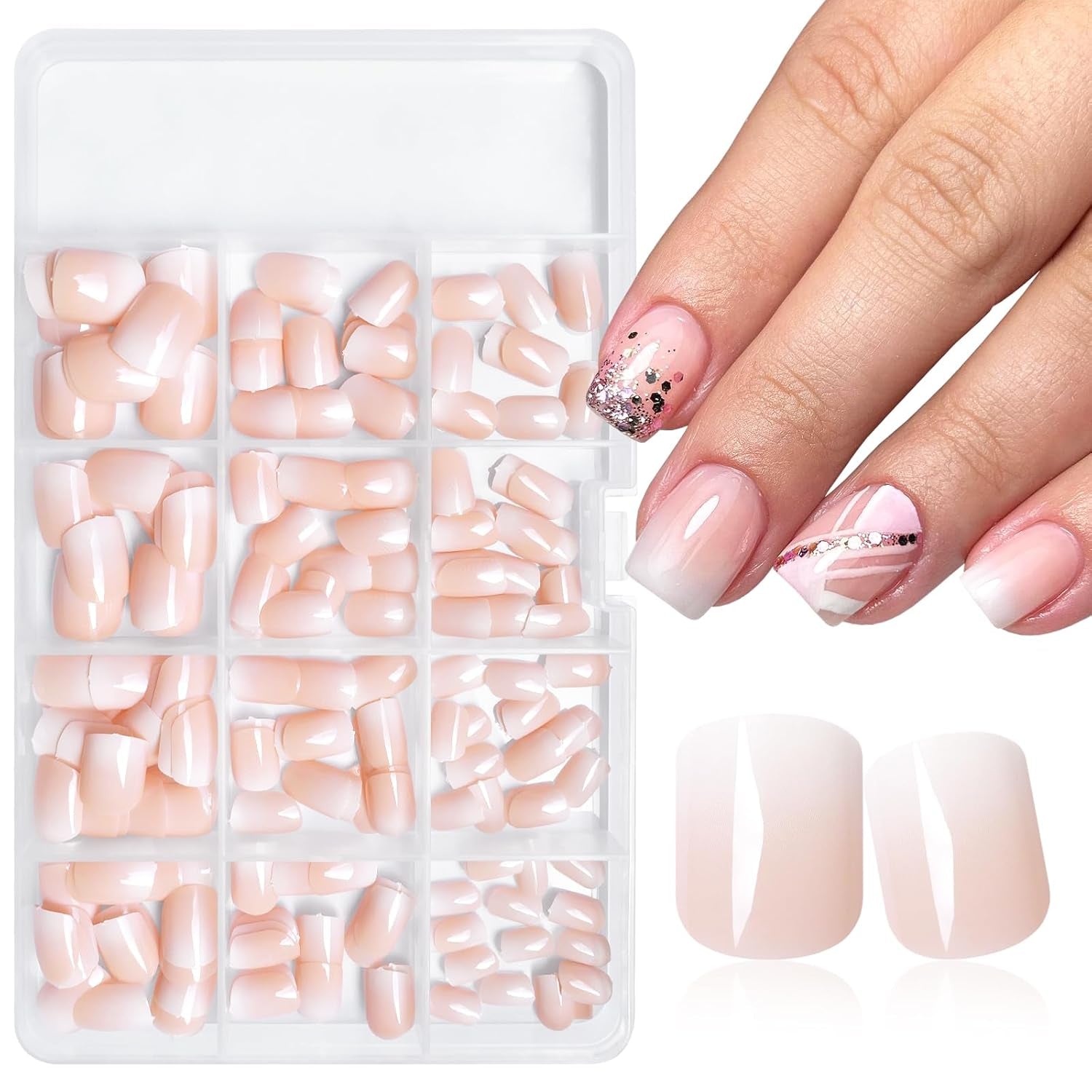 240Pc Ombre Square Press on Nail Short Fake Nails Press Ons Glue on Nails with Glue & Adhesive Tabs, Acrylic Nails Press on Nails Square False Gel Nail Tips Stick on Artificial Fingernails