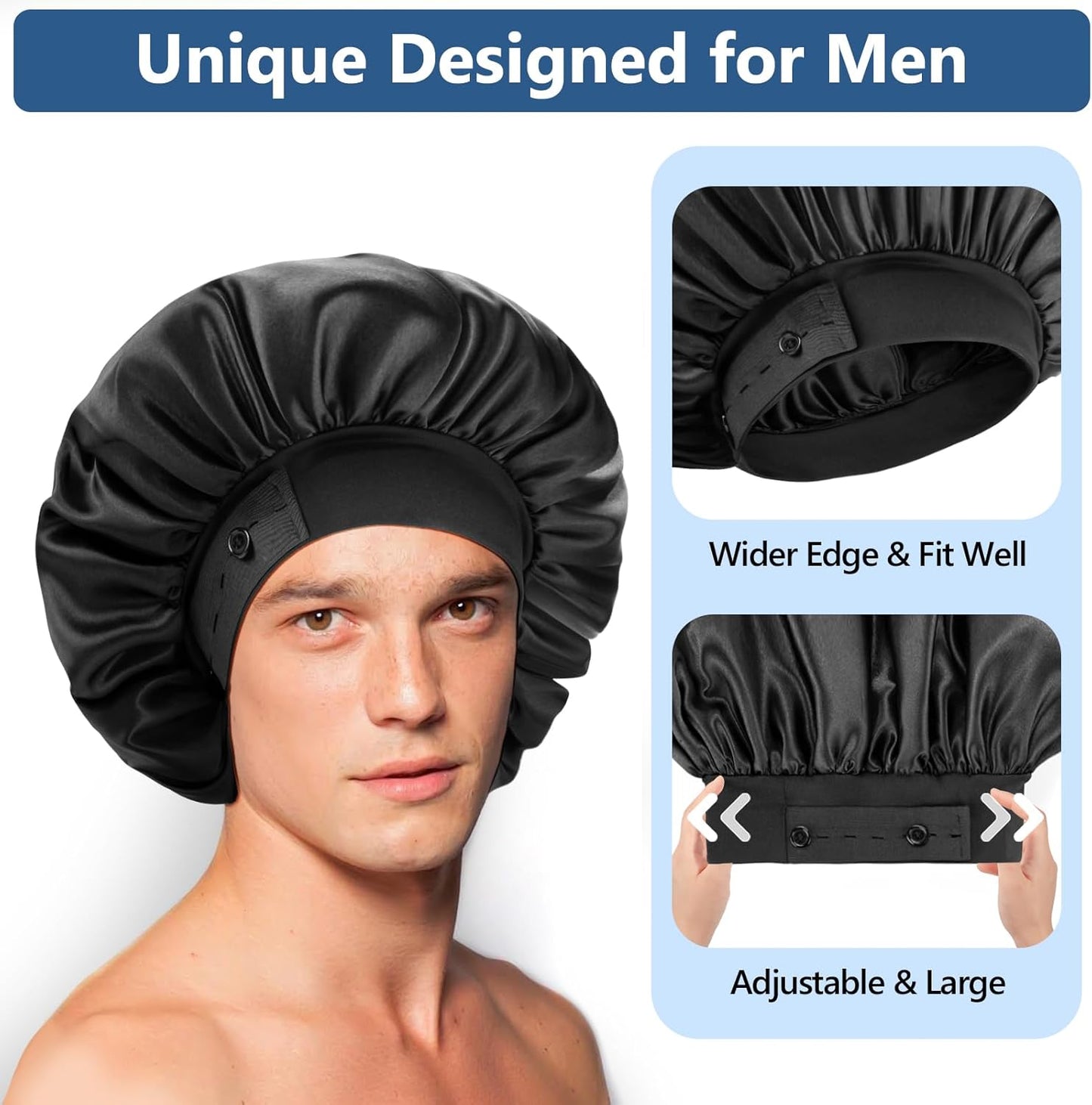 Satin Bonnets for Men Women, Adjustable & Soft Elastic Band Hair Bonnet Large Silk Bonnet for Sleeping Curly Hair Braids
