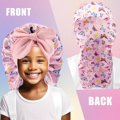 Kids Long Hair Bonnet for Sleeping,Silk Bonnet for Kids with Tie Band,Kids Satin Bonnet for Braid Curly Hair,For Aged 3-12 Kids(Pink-Butterfly)