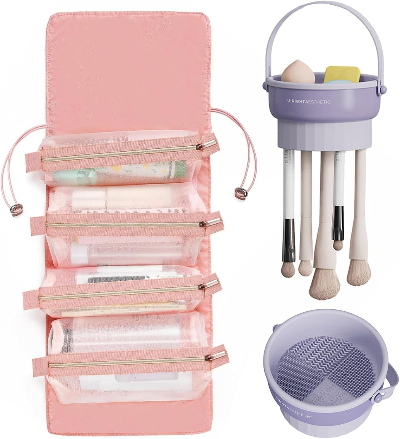 Large Capacity Detachable Multifunctional Makeup Bag for Travel Cosmetics Storage and Washing Bag+Makeup Brush Cleaning Bowl Powder Puff Makeup Egg Cleaning Air Drying Storage and Cleaning Tool