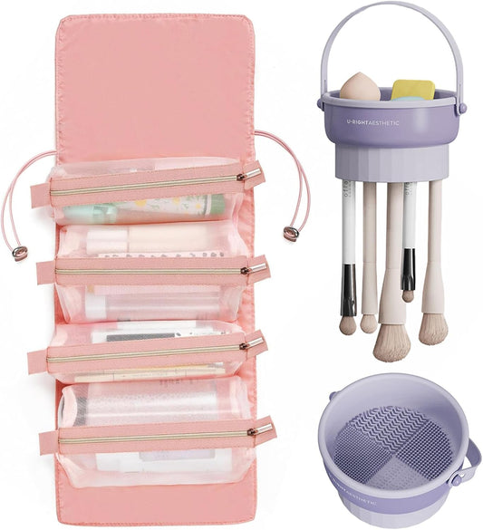 Large Capacity Detachable Multifunctional Makeup Bag for Travel Cosmetics Storage and Washing Bag+Makeup Brush Cleaning Bowl Powder Puff Makeup Egg Cleaning Air Drying Storage and Cleaning Tool