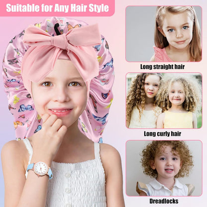 Kids Long Hair Bonnet for Sleeping,Silk Bonnet for Kids with Tie Band,Kids Satin Bonnet for Braid Curly Hair,For Aged 3-12 Kids(Pink-Butterfly)