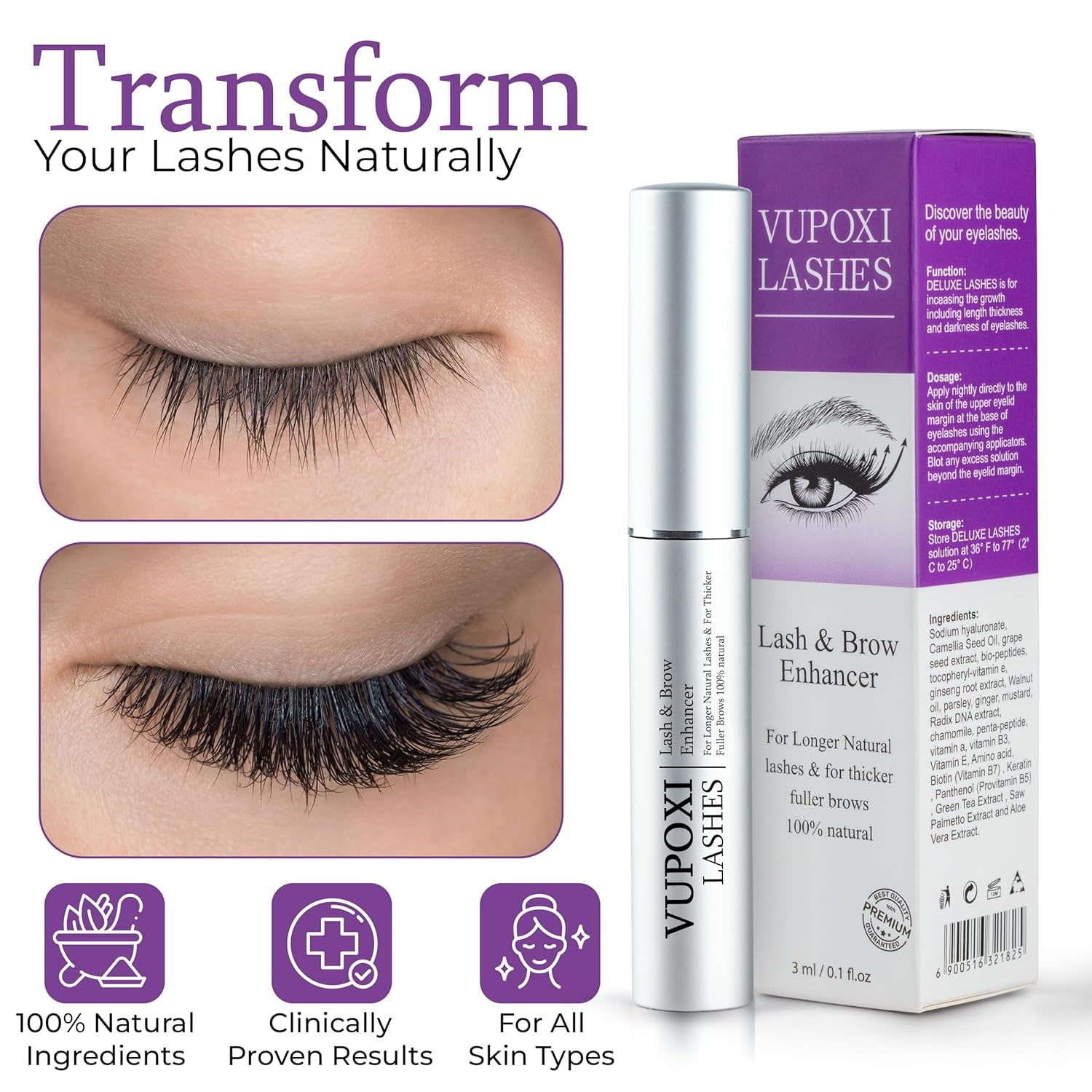 Lash Serum for Eyelash Growth - 100% Herbal Serum to Grow Lashes, Waterproof Serum for Thicker, Fuller, and Longer Lashes 0.1 Fl. Oz.