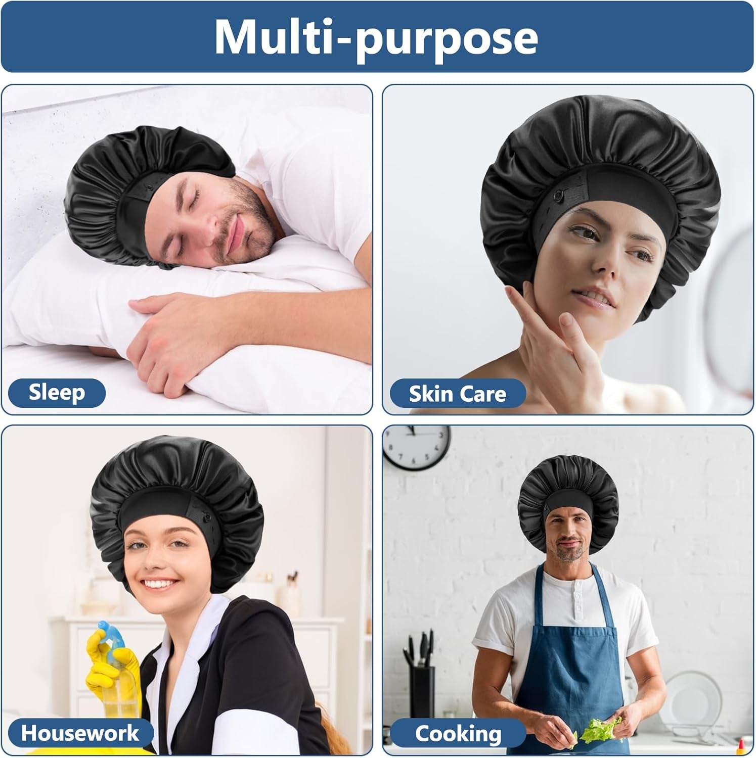 Satin Bonnets for Men Women, Adjustable & Soft Elastic Band Hair Bonnet Large Silk Bonnet for Sleeping Curly Hair Braids
