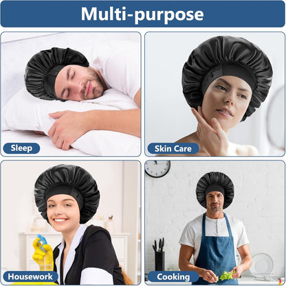 Satin Bonnets for Men Women, Adjustable & Soft Elastic Band Hair Bonnet Large Silk Bonnet for Sleeping Curly Hair Braids