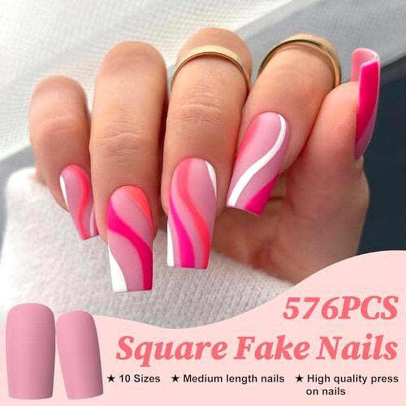 576Pc Square Press on Nails Medium Fake Nails Tips Full Cover Maedium Matte