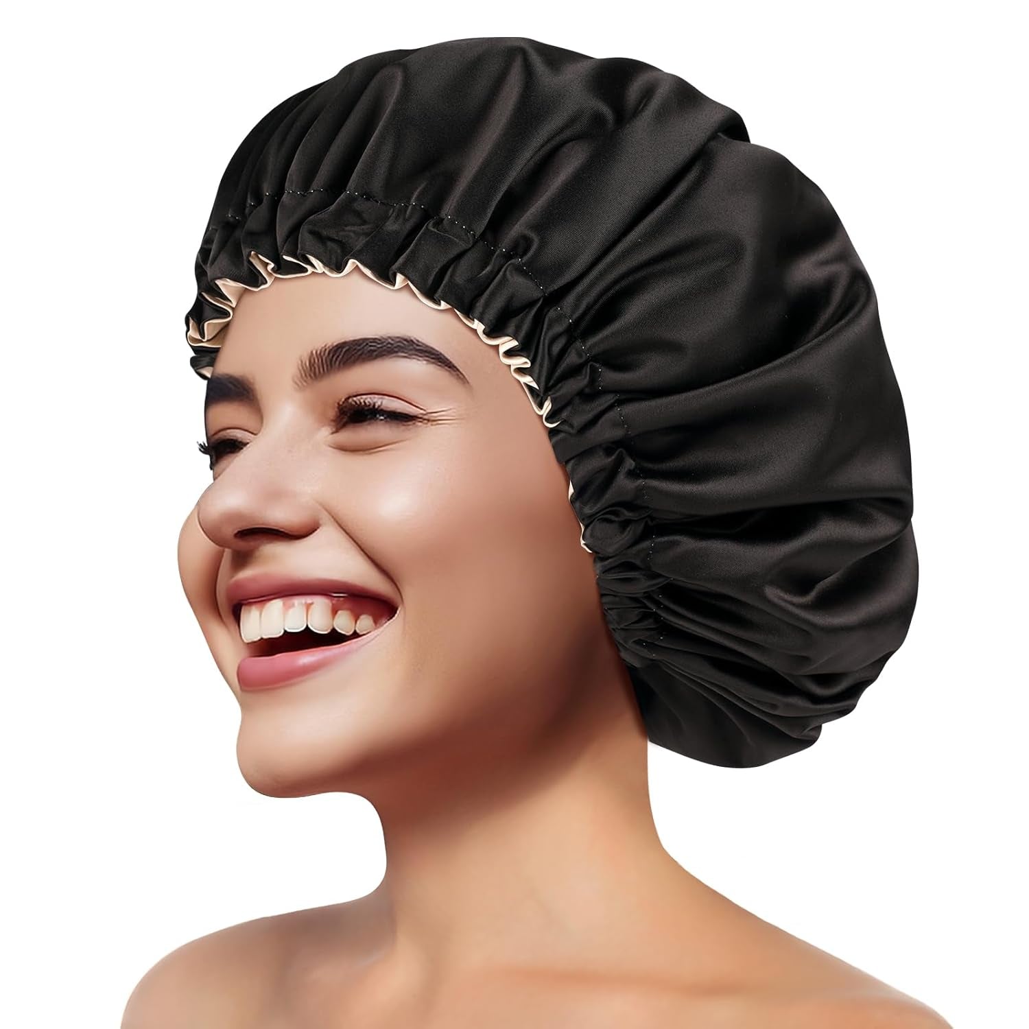 Silky Satin Bonnet for Sleeping, Hair Bonnet for Women and Men, Adjustable Sleep Bonnet for Curly Hair, Black, Medium