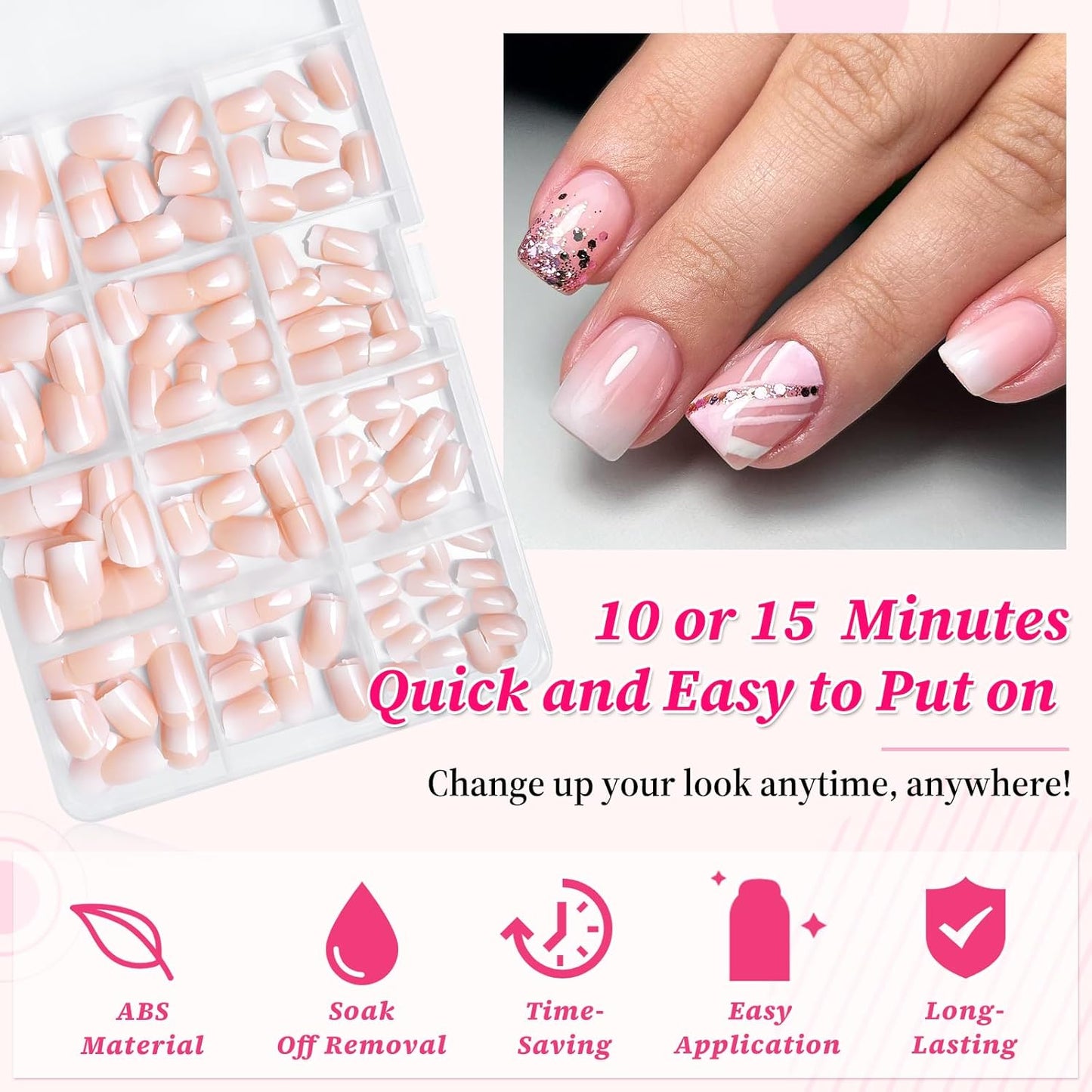 240Pc Ombre Square Press on Nail Short Fake Nails Press Ons Glue on Nails with Glue & Adhesive Tabs, Acrylic Nails Press on Nails Square False Gel Nail Tips Stick on Artificial Fingernails