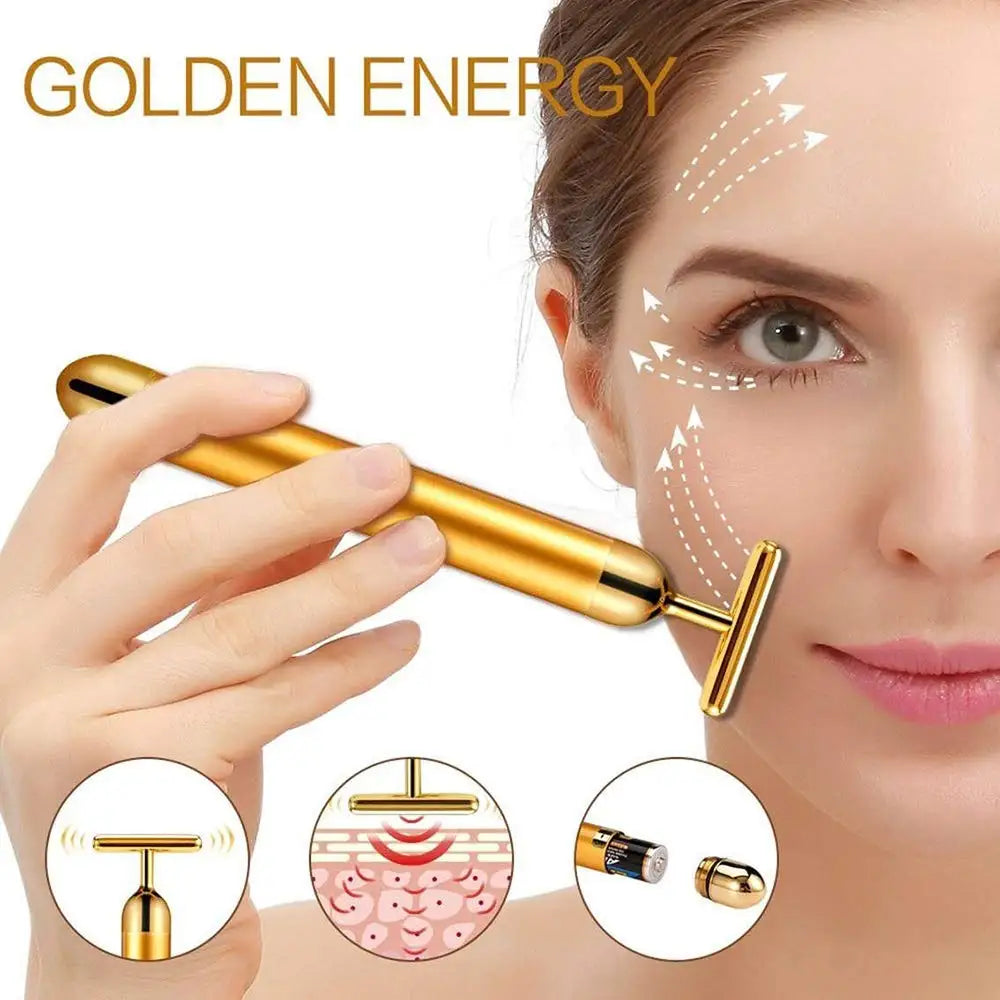 24K Gold Face Lift Bar Roller Vibration Slimming Massager Facial Stick Facial Beauty Skin Care T Shaped Vibrating Tool with Bag